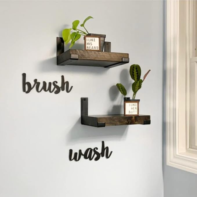 Rustic Shelves with J-Brackets Set of 2, Industrial Shelf, Kitchen Shelves, Solid Wood, Decorative Wall Storage, Heavy Duty, URBANDI (Dark Brown, 24Wx12D)