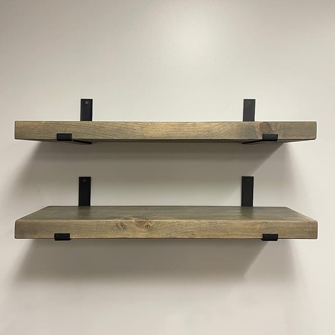 Rustic Shelves with J-Brackets Set of 2, Industrial Shelf, Kitchen Shelves, Solid Wood, Decorative Wall Storage, Heavy Duty, URBANDI (Grey, 12Wx12D)