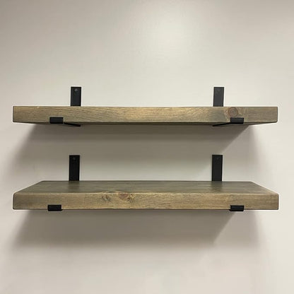 Rustic Shelves with J-Brackets Set of 2, Industrial Shelf, Kitchen Shelves, Solid Wood, Decorative Wall Storage, Heavy Duty, URBANDI (Grey, 24Wx12D)