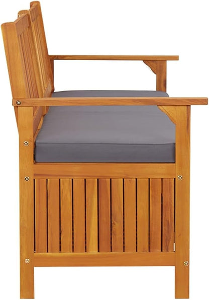vidaXL Acacia Wood Outdoor Storage Bench Deck Box with Cushion - Solid Wood Patio Furniture, Brown/Dark Gray, 66.9"x24.8"x33.1"