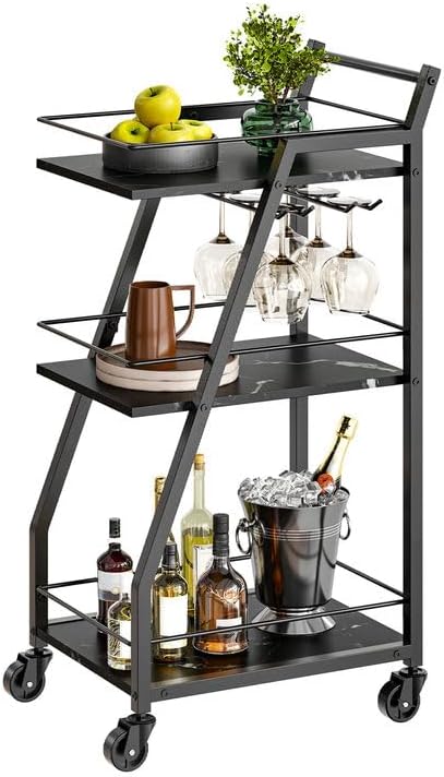 Bar Cart, Bar Cart for The Home, Small Bar Cart on Wheels, Beverage Cart, Home Bar Serving Cart with Glass Holder, Drink Cart for Bar, Kitchen, Dining, Marble Black and Black BC03BM
