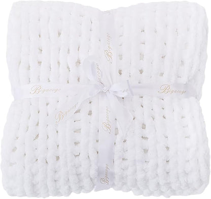 Bigacogo Chunky Knit Throw Blanket for Couch, 40x80 inches, 100% Hand Knitted with Thick Jumbo Chenille Yarn, Cozy Soft Large Rope Knot Cable Crochet Blankets for Sofa Bed Living Room, White