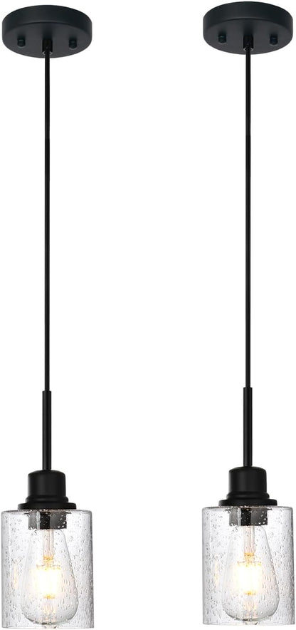 Modern Farmhouse Pendant Lighting for Kitchen Island,Industrial Dining Room Light Fixtures Hanging Over Table with Seeded Glass,2 Pack Black Pendant Lights Mini Chandeliers for Sink Bar