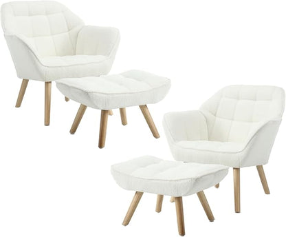 Modern Sherpa Accent Chair with Ottoman Set of 2, Fluffy Upholstered Lounge Chair with Footrest, Comfy Living Room Side Boucle Armchair for Small Space Bedroom, White