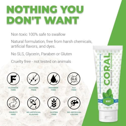 Coral White Nano Silver Mint Toothpaste, Natural Fluoride Free Teeth Whitening Toothpaste, Coral Calcium Nano Silver Infused SLS, Glycierin Free 4 Ounce (4 Pack)
