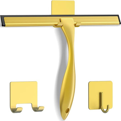 All-Purpose Stainless Steel Shower Squeegee for Shower Doors with 2 Adhesive Hooks, Bathroom Cleaner Tool Household Window Mirror Squeegee for Home Cleaning, Glass Door, Tile Wall, Car, 10 Inch Golden