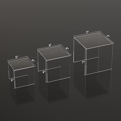 Clear Acrylic Risers 3 pcs, Square Acrylic Food Display Stands Tabletop, Display Shelf for Vendors, Collectibles, Funko Pop, Food, Glasses, Perfume, Small Plants - 5''x6''x7''