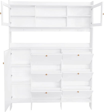 Ball & Cast Tipping Bucket 3-Tier Shoe Cabinet with 6 Flip Drawers and Storage Shelf,Entryway Hall Tree with Tempered Glass Doors and 4 Hooks,for Hallway,Mudroom,Living Room,White