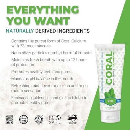 Coral White Nano Silver Mint Toothpaste, Natural Fluoride Free Teeth Whitening Toothpaste, Coral Calcium Nano Silver Infused SLS, Glycierin Free 4 Ounce (2 Pack)