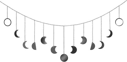 Mkono Moon Phase Wall Hanging Boho Aesthetic Room Decor Metal Moons Garland Hanging Art Bohemian Home Decoration for Girls Room Nursery Bedroom Livingroom Dorm, Ideal, Black, 55"