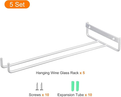 uxcell 5Pcs Wine Glass Rack, 10.43 Inch Iron Wine Glasses Rack Under Cabinet Stemware Rack - Wall Mountable Wine Glass Holder Storage Hanger for Bars Coffee Restaurants Kitchens, Silver