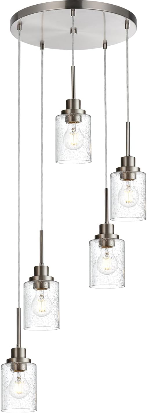 5 Light Farmhouse Pendant Lighting for Kitchen Island,Brushed Nickel Dining Room Cluster Pendant Light Fixtures Hanging Ceiling with Seeded Glass,Modern Pendant Light for Entrance Stairwell