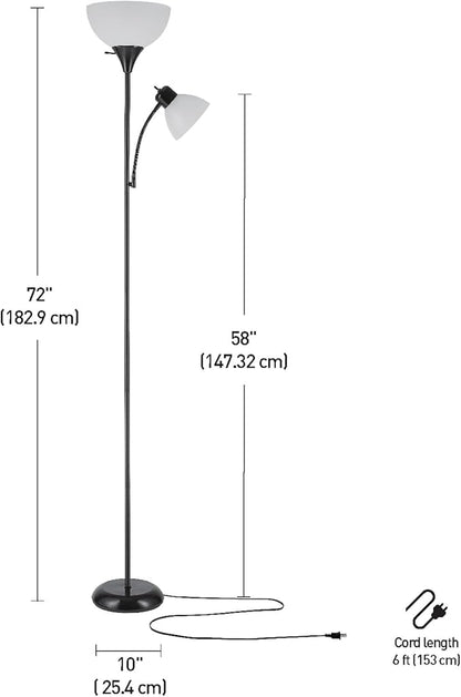 GLOBE Electric 67135 72" Torchiere Floor Lamp and Adjustable Reading Light, Matte Black, Frosted Shade, Dual Rotary Switch, 3-Step Dimming, Modern Lighting for Living Room or Office