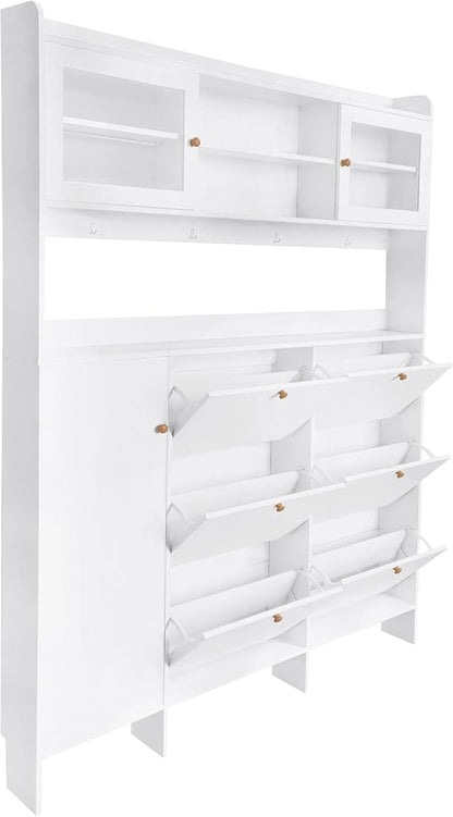 Ball & Cast Tipping Bucket 3-Tier Shoe Cabinet with 6 Flip Drawers and Storage Shelf,Entryway Hall Tree with Tempered Glass Doors and 4 Hooks,for Hallway,Mudroom,Living Room,White