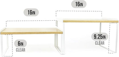 Mitus Shelf Organizer and Storage, Stackable Tiered Wood Cabinet Rack for Countertops, Desktops, Cabinets (Set of 2) 16" Wide Natural Oak and White