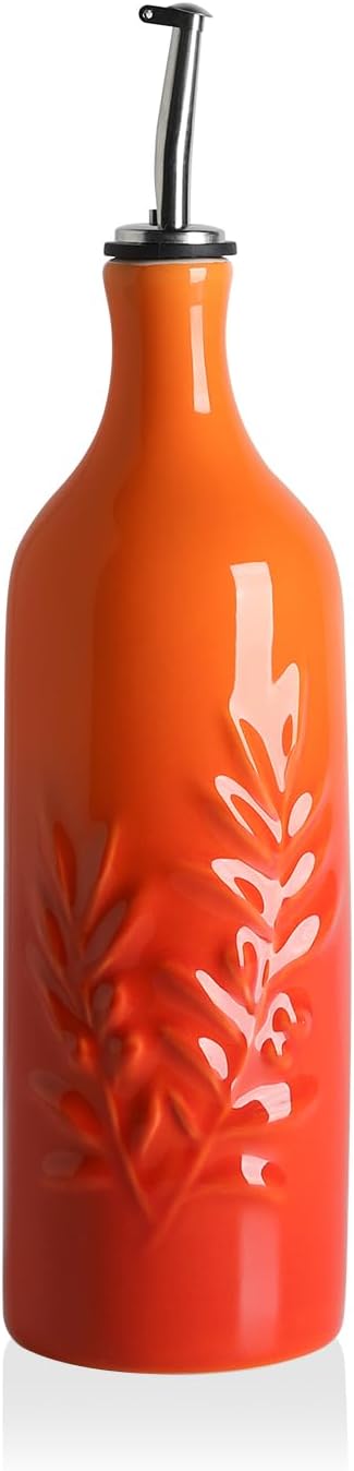 Sweejar Ceramic Olive Oil Dispenser Bottle, 24 Oz Relief Opaque Oil Cruet Protects To Reduce Oxidation, Suitable for Storage Soy Sauce, Coffee Syrup, Liquids, Set of 1 (Gradient Orange)