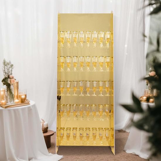 Tableclothsfactory Gold Mirror Finish 5-Tier Wine Glass Stemware Rack, 40 Champagne Flute Holder Foam Board Wall Stand - 5ft for Party & Decorations
