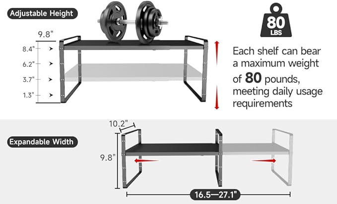 16.5~27.1" Expandable Shelf Organizer, 1Pack 10.2" Wide Stackable Cabinet Shelf Organizers, Black Metal Sturdy Kitchen Counter Storage for Countertop, Adjustable Height Spice Rack
