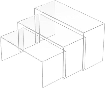 9x9.5x10 Inch Clear Display Risers Shelf 3pcs, Countertop Rectangular Acrylic Display Stands for Funko Pop Figure, Bags, Collectibles