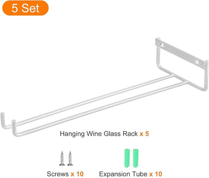 uxcell 5Pcs Wine Glass Rack, 11.22 Inch Iron Wine Glasses Rack Under Cabinet Stemware Rack - Wall Mountable Wine Glass Holder Storage Hanger for Bars Coffee Restaurants Kitchens, Silver