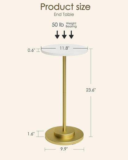 Masupu Drink Table, Round Side Table for Small Spaces, Pedestal Side Table, Small End Table with Metal Base, for Living Room, Bedroom, Bathroom, White Gold