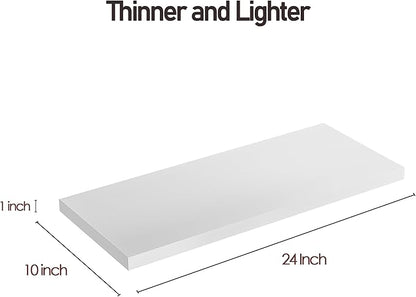 Wall Shelf Set of 2, White Floating Shelves 24 in W x 10 in D x 1 in H, Wooden Floating Wall Shelf with Invisible Brackets for Living Room/Bedroom/Bathroom/Kitchen Storage and Decor