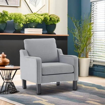 VINGLI Mid Century Modern Accent Chair, Light Grey Fabric Accent Chairs for Living Room Upholstered Armchair with Scooped Arms for Bedroom, Apartment, Studio, Office, Waiting Room