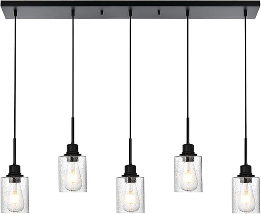 Black Chandelier 5 Light Dining Room Lighting Fixtures Hanging Linear Pendant Lights Industrial Modern Chandelier with Seeded Glass for Kitchen Island Living Room Bedroom Foyer Hall Entryway