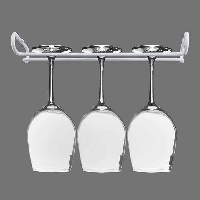 White 4 Wine Glass Rack Under Cabinet Shelf 10 Inch Stemware Storage Hanging Hanger Organizer Glasses Holder with Drying Under Counter Metal for Kitchen and Bar