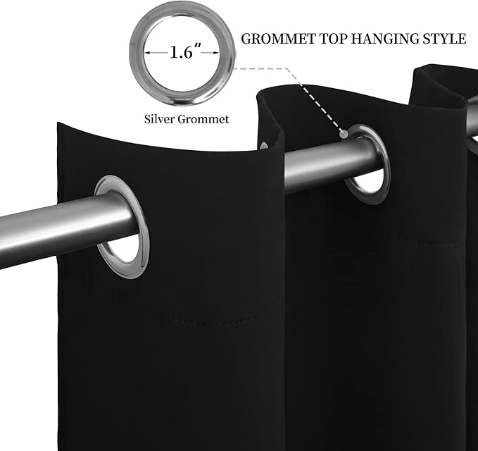 Easy-Going Blackout Curtains for Bedroom, Solid Thermal Insulated Grommet and Noise Reduction Window Drapes, Room Darkening Curtains for Living Room, 2 Panels (52x63 in,Black)