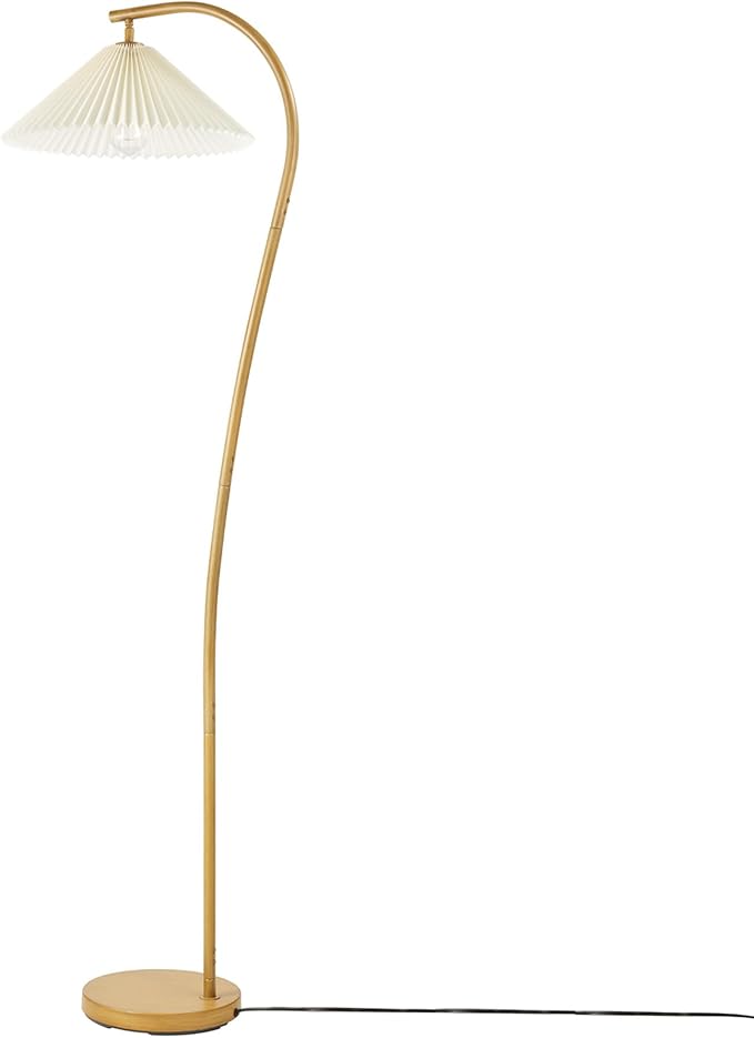 GLOBE Electric x Novogratz 61000043 62" Floor Lamp, Wood Toned, White Pleated Shade, Pivot Joint on Shade, On/Off Foot Switch, Black Cord, Modern Lighting for Living Room or Office