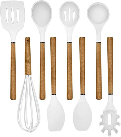 Country Kitchen Non Stick Silicone Utensil Set with Rounded Wood Handles for Cooking and Baking, 8 Piece Set, White