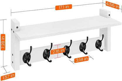 Homode Wall Shelf with Hooks, Coat Rack Wall Mount with Pegs, Hanging Entryway Coat Hanger, Wood and Iron Shelf for Bathroom, Hallway, Bedroom, White