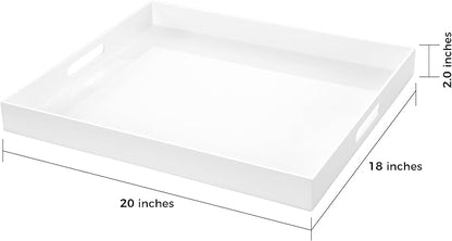 White Rectangular 18x20 Inches Acrylic Ottoman Tray Decorative Serving Tray with Cutout Handles Organizer Tray on Coffee Table Countertop Big Breakfast Bed Tray Living Room Appetizer Serving Food