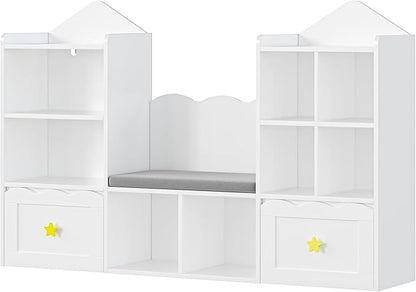 Kids Bookshelf with Reading Nook, Kids Bookcase with Soft Cushion Seat, 2 Wheels Drawers and 8 Storage Cubbies, Toy Storage Organizer for Kid's Room Playroom, Bedroom, School, White
