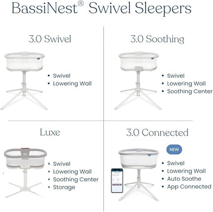 HALO BassiNest Soothing Swivel Sleeper 3.0S – Over-Bed Baby Bassinet with 360 Rotation, Adjustable Height, Breathable Mesh, Calm Sounds & Vibrations, Safe Close Sleeping, Lowering Wall for Easy Access