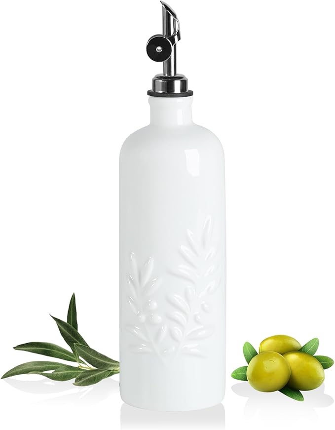 Sweejar 18 Oz Oil Dispenser for Kitchen with Gravity Spout, Ceramic Olive Oil Dispenser Bottle, Relief Opaque Vinegar Container for Evoo, Vinegar, Soy Sauce, Pack of 1(White, Silver Spout)