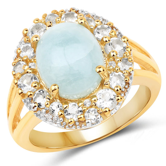 Bague en Argent Sterling .925 Plaqué Or Jaune 14K avec Aigue-marine Véritable de 6,72 Carats et Topaze Blanche