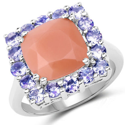 6.70 Carat Genuine Peach Moonstone and Tanzanite .925 Sterling Silver Ring
