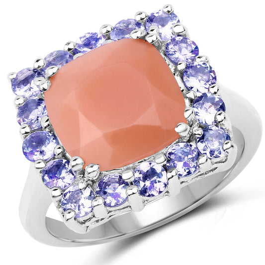 Bague en argent sterling 925 avec pierre de lune pêche et tanzanite véritables de 6,70 carats