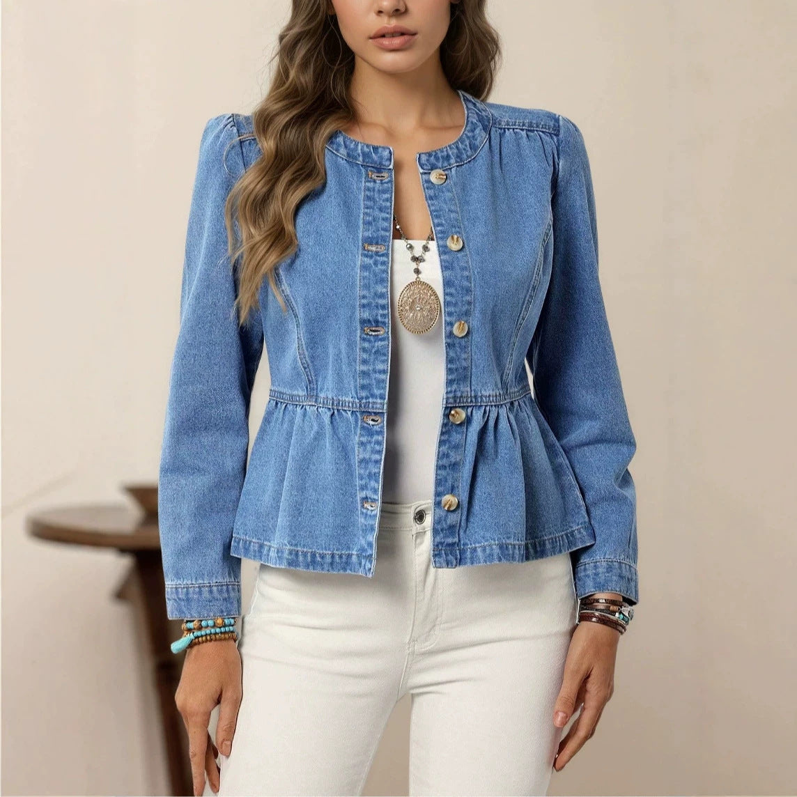 Cross-Border Denim Jacket For Women, Short Style, 2026 Spring And Autumn New Popular Model, European And American Casual Versatile Round Neck Puff Sleeves