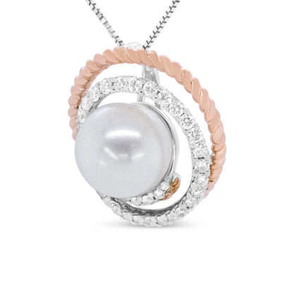 14K Rose and White Gold 3/8 Cttw Pave Diamond and 9mm Round Pearl Spiral Openwork 18" Pendant Necklace- (H-I Color, VS1-VS2 Clarity)