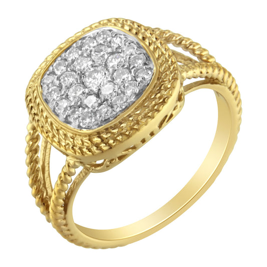 Bague cocktail à anneau fendu avec amas carré coussin en argent sterling 925 plaqué or jaune 10 carats et diamant de 0,5 carat (couleur J-K, clarté I2-I3) - Taille 7
