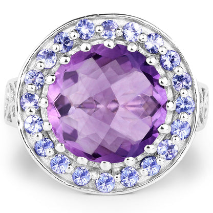 5.95 Carat Genuine Amethyst and Tanzanite .925 Sterling Silver Ring