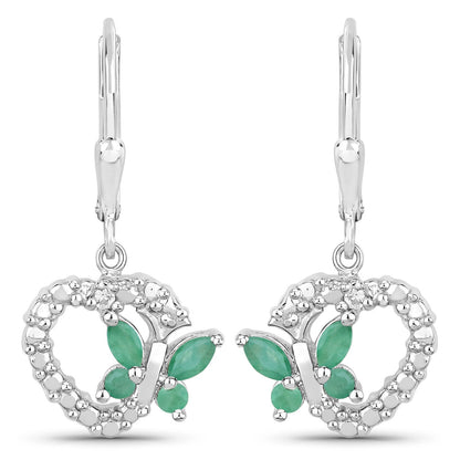 0.44 Carat Genuine Emerald and Created White Sapphire .925 Sterling Silver Earrings