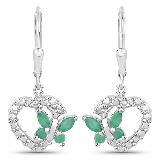 0.44 Carat Genuine Emerald and Created White Sapphire .925 Sterling Silver Earrings