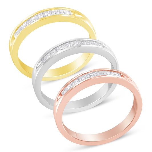 Ensemble de 3 bagues empilables en or jaune, blanc et rose 10K sur argent sterling .925 serties de diamants (total 5/8 carat, couleur H-I, pureté I1-I2) - Taille 6 3/4