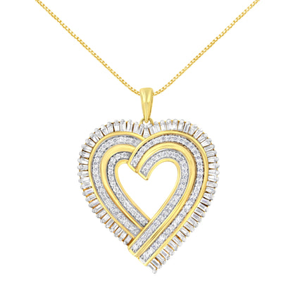 14K Yellow Gold Plated .925 Sterling Silver 1/4 Cttw Round and Baguette-Cut Diamond Composite Heart 18" Pendant Necklace (H-I Color, SI2-I1 Clarity)