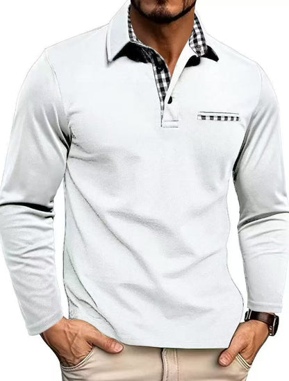 Casual Plaid Splicing Lapel Polo Shirt Fashion Solid Color Long Sleeve Top Men's Clothing