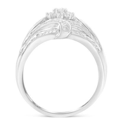 .925 Sterling Silver 1-1/8 Cttw Round & Baguette Diamond 'Flower & Fern' Cluster Cocktail Fashion Ring (I-J Color, I2-I3 Clarity) - Size 6